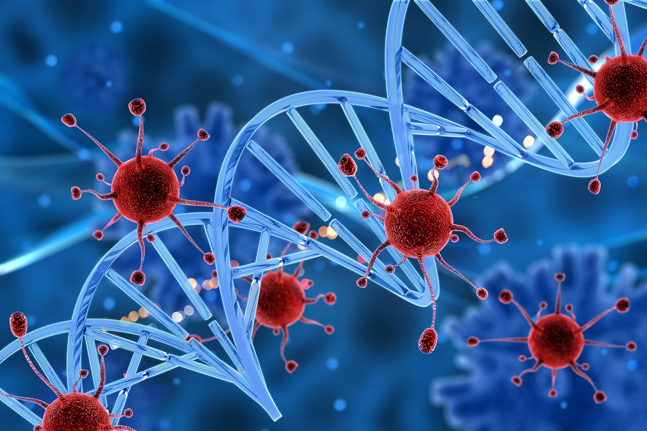 3D virus cells attacking a DNA strand